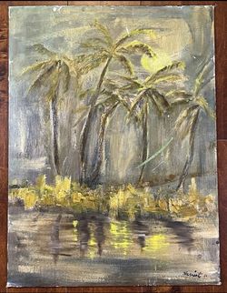 Hariet 82" Abstract Palm Trees Fine Art Tropical Paint Canvas Board 24" x 18"