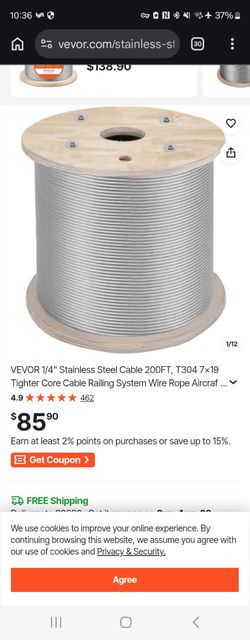 VEVOR 1/4" Stainless Steel Cable 200FT, T304 7x19 Tighter Core Cable Railing System Wire Rope Aircraft Deck Railing Kit Fence Wire