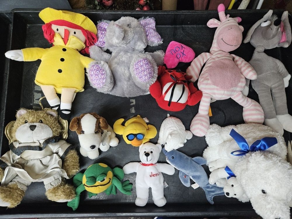 Lot Of 13 Stuffed Animals Jesus Bear Devil Bear Matilda Giraffe Angel Bear St Jude Bear
