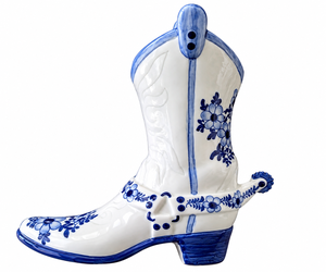 Vintage Delft Blue Style Ceramic Cowboy Boot Vase / Planter
