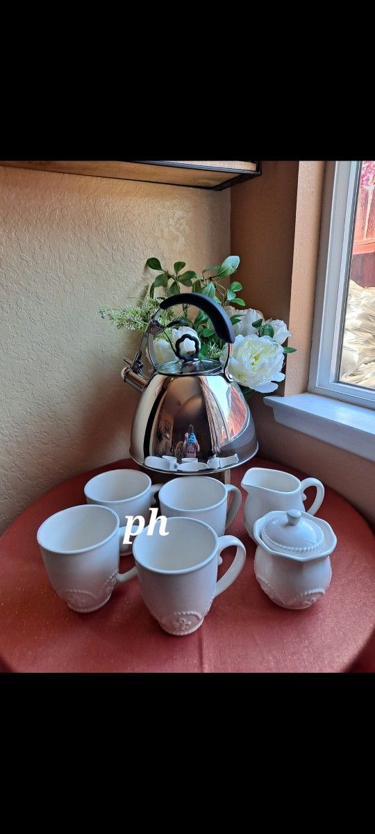 JUEGO DE TETERA CLÁSICA Y 4 TAZAS PARA CAFE Y AZUCARERA Y CREMERA MARBELLA PRINCESS HOUSE 🌻