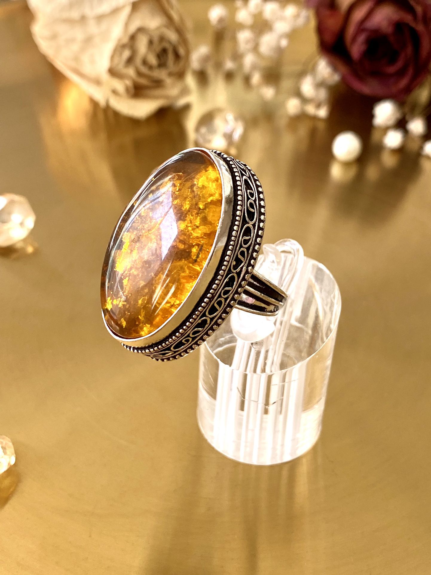 Baltic Amber 925 Sterling Silver Overlay Antique Style Ring Size 7.75