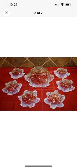 Vintage Dugan EAPG Opalescent Jeweled Heart Master Berry Set 7 pieces