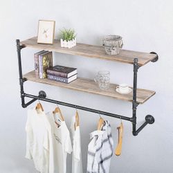 Industrial Pipe Clothing Rack Wall Mounted with Real Wood Shelf,Rustic Retail Garment Rack Display Rack Cloths Rack,Pipe Floating Shelves Wall