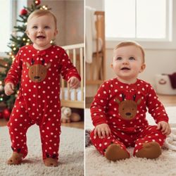 Carter’s Red White Polkadots Reindeer Fleece Footed 2-Way Zipper Baby Pajamas 6M NWT  