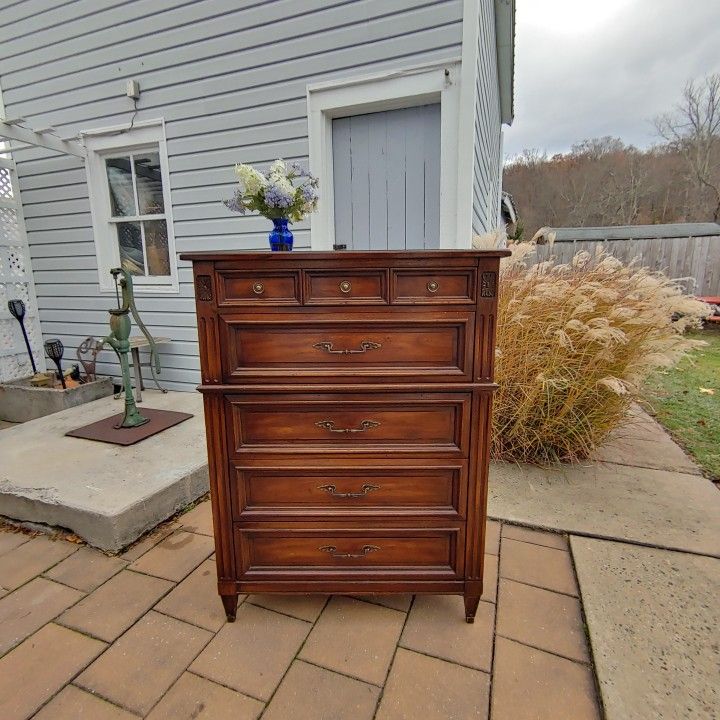 MCM Neoclassical Walnut Tall Dresser 5 Drawer