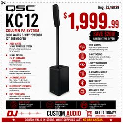 QSC KC12 Column Powered PA System Bluetooth 3000 Watt DSP Speaker 12" Subwoofer Carrying Bag Portable