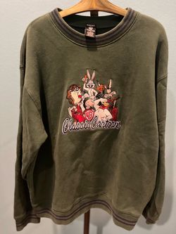 Warner Bros Classic Cartoons Embroidered Vintage Green Sweatshirt Bugs Bunny, Tasmanian Devil