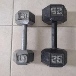 (1) 25 lbs. (1) 15 lbs. Dumbbells.
