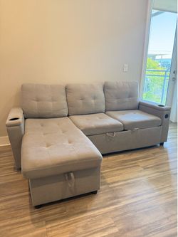 OBO - Light Grey Sectional Sofa w/ Pull-Out Bed, Storage & Cupholders