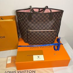 100% Authentic Louis Vuitton Neverfull MM – Damier Ebene with Rose Ballerine Interior 