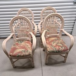  Dining Chairs -  Vintage Rattan and Leather  Armchairs – (By Leader's Furniture) –  (Set of 4) 