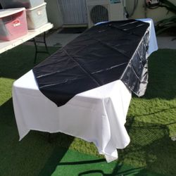 PARTY SUPPLIES...6 DOLLARS EACH WHITE TABLE COVER,,, 4 DOLLARS EACH MIDDLE SQUARE,, 75 CENTS EACH BOW...