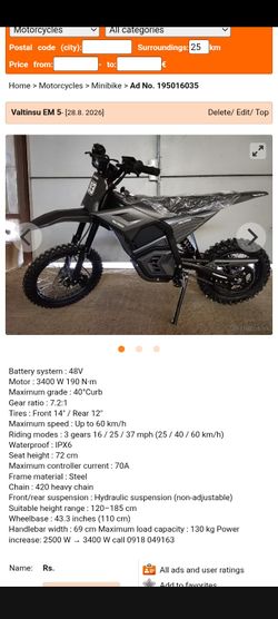 Valtinsu EM5 Electric Dirt Bike