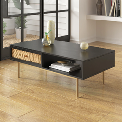Fernish Liza Coffee Table – Black Mango Wood & Cane, Brass Legs, Drawer + Open Shelf, 45.5″