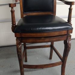 Bar Height - Black Leather - Cherry - Swivel Chair with Arms
