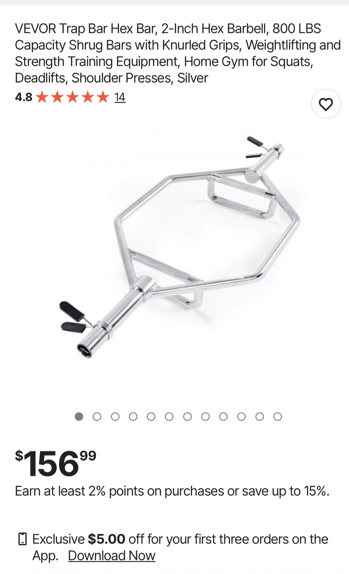 VEVOR Trap Bar Hex Bar, 2-Inch Hex Barbell, 800 LBS Capacity Shrug Bars with Knurled Grips