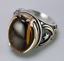 Genuine Solid 925 Silver Vintage Natural Onyx Tiger Eye Ring