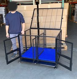 $190 (New) Folding heavy duty dog cage 41x31x34” double-door stackable kennel w/ divider, plastic tray