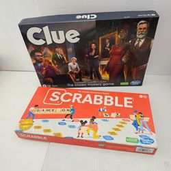 Clue & Scrabble Board Game Lot Complete Classic Family Games Hasbro Crossword Mystery Set