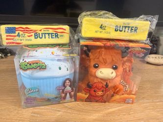Squeezee Sweets Cupcake, Highland Cow, and Butter Squishy Toy Bundle
