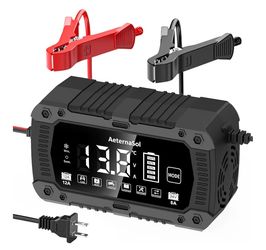 12V 24V Smart Battery Charger, 12A Efficient Fully Auto Battery Maintainer with Pulse Repair & LCD for Lithium-ion LiFePO4, Lead-Acid, Automobile Car