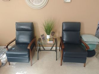 Set of 2 Navy Cowhide Leather Armchair Manual Push Back Wooden Recliner Chair for Living Room