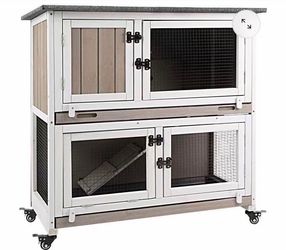 36″LRabbit Hutch Wooden 2 Story,Guinea Pig Pet House for Small to Medium Animals,Grey