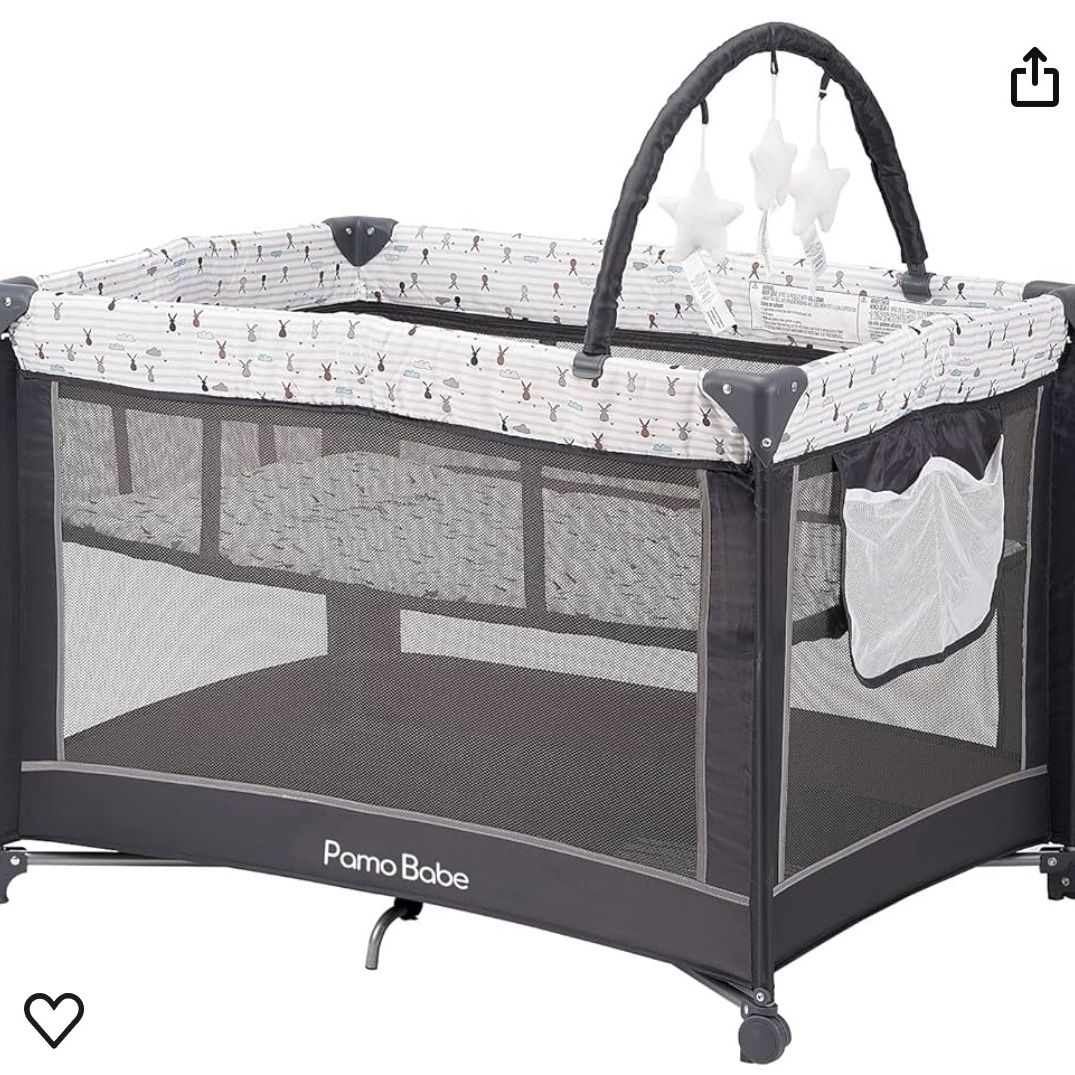 Pamo Babe Portable Playard,Sturdy Play Yard with Padded Mat and Toy bar with Soft Toys (Grey