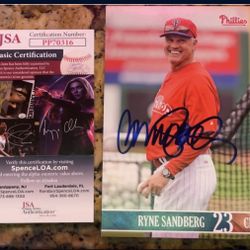 JSA COA RYNE SANDBERG SIGNED SMALL PHILLIES STAT CARD