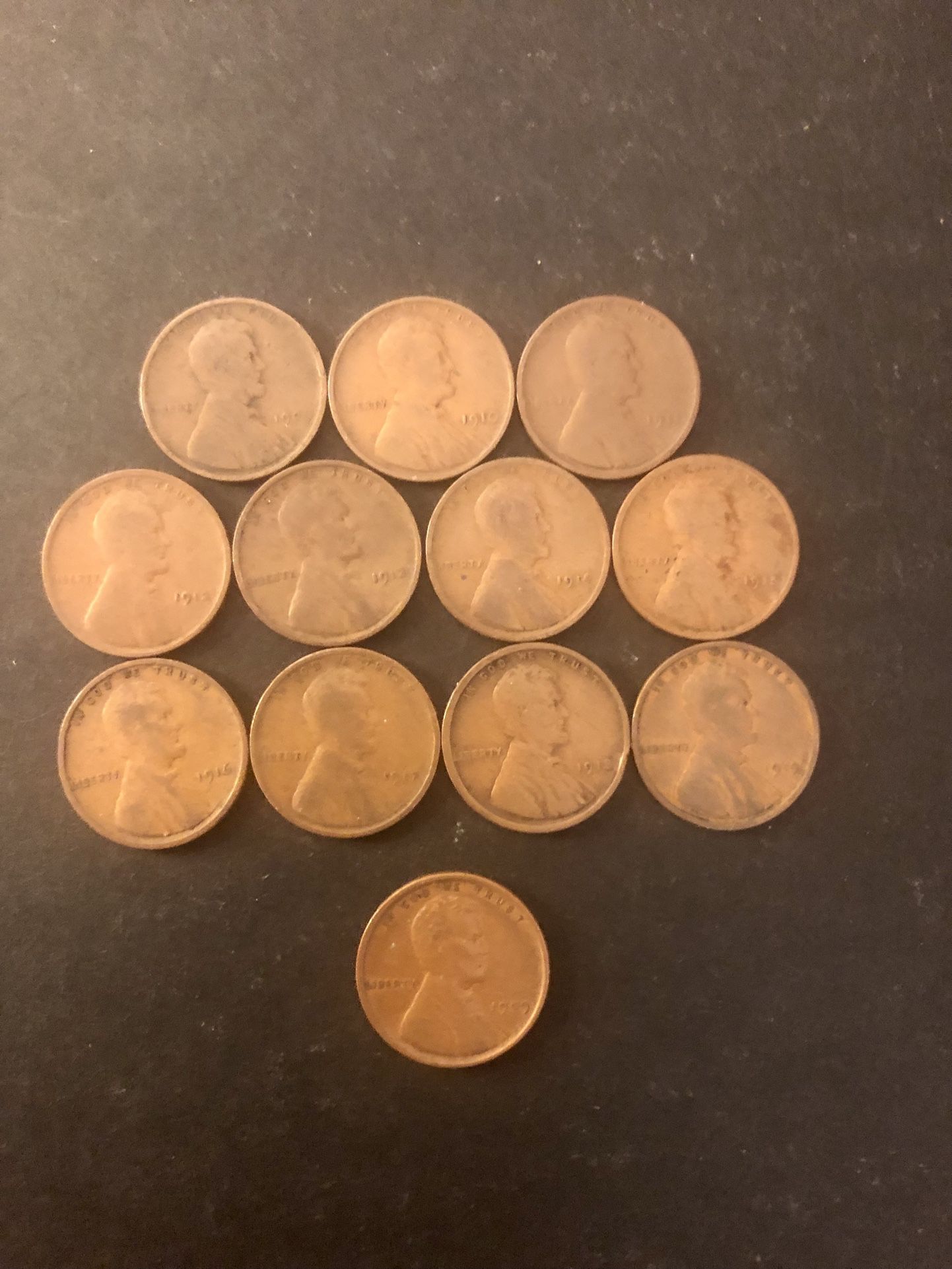 Coins - 1909VDB and 1909P thru 1919P - total 12 coins 