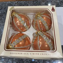 Vintage Box of 4 Krebs Glass Hand Decorated and Ribboned Christmas Ornaments.  Preowned no cracks or chips.  In original packaging the plastic is torn