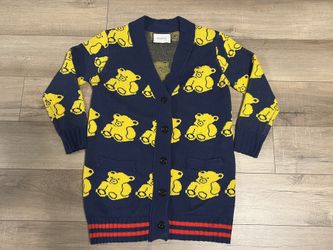 GUCCI Blue Yellow Teddy Bear Cardigan Sweater