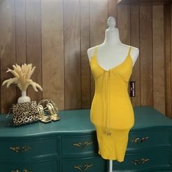 YELLOW RIBBED BODY CON DRESS