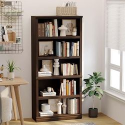 NEW blini 5-Shelf Tall Bookcase Wooden Bookshelves 33in Wide BROWN
