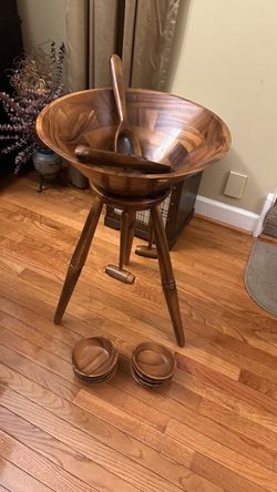 vintage mid-century modern wooden standing salad bowl set with a tripod swivel floor stand, serving