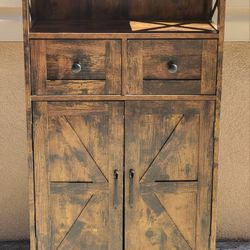 Rustic Farmhouse Style Brown Wood Veneer Cupboard Cabinet Drawers Freestanding Shelf Storage
