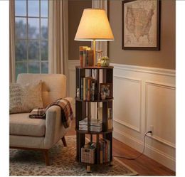 YQ0003 new assembled Floor Lamp with 3-Tier Open Bookshelf, 62.2" Tall Standing Lamp with Wood Storage Shelf, Dark Brown Floor Lamp with Linen Shade &