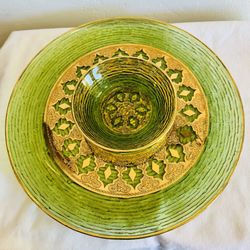 Vintage culver Valencia platter and bowl green and gold