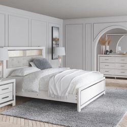 Altyra White Upholstered Bookcase LED Panel Bedroom Set (Queen and King Bed Frame 