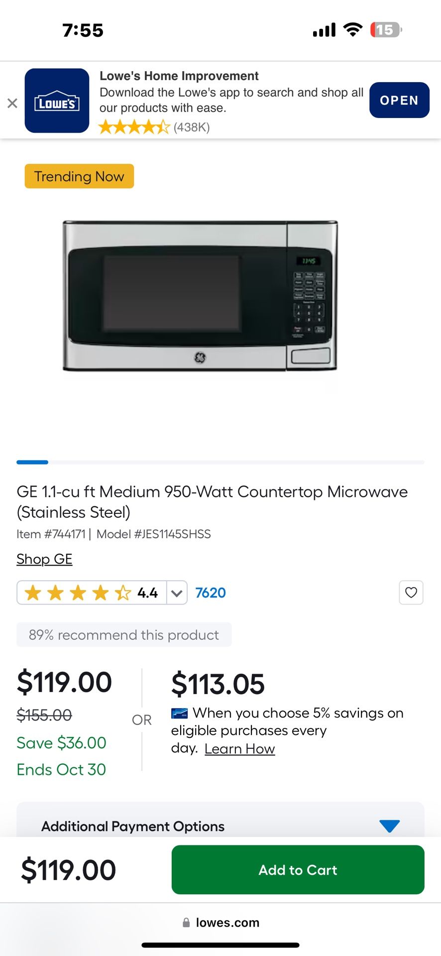 GE Microwave 950 Watts