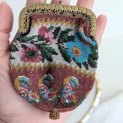 Antique Coloured Beaded Coin Purse Micro Glass Beaded Bag w/ Floral Design