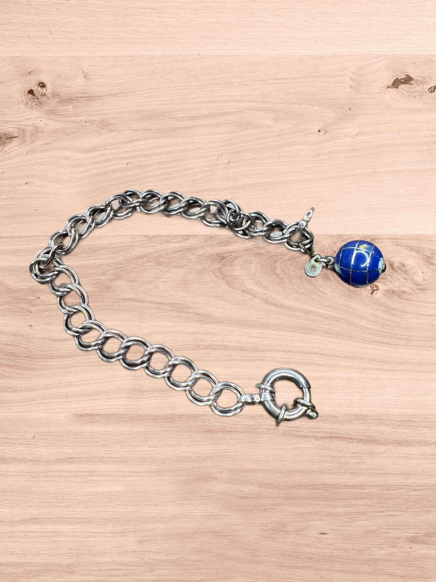 925 Sterling Silver Vintage Charm Bracelet Double Curb Chain Lapis Globe