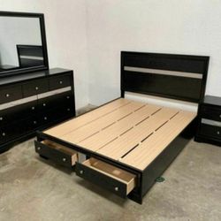 Bedroom Set With Storage (Dresser, Mirror, Queen Bed, Nightstand)