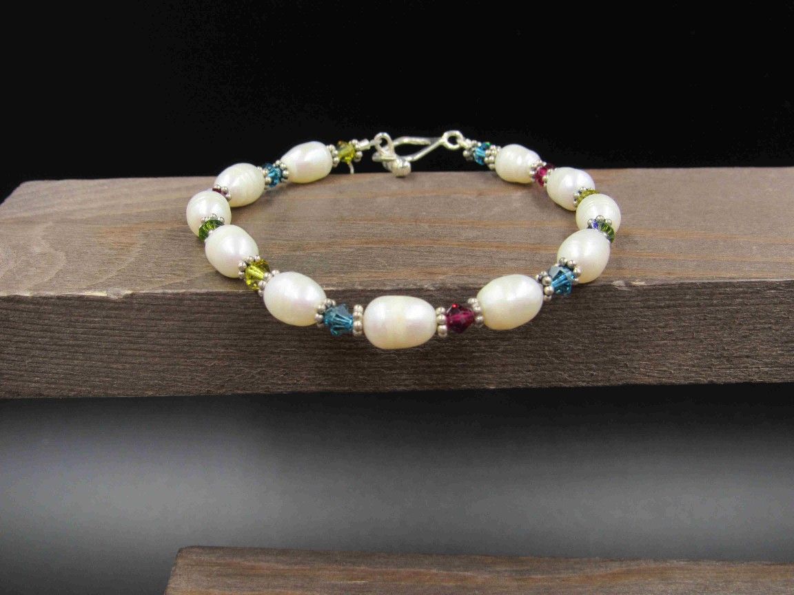 8 Inch Sterling Silver Real Pearls And Colorful Crystals Bracelet