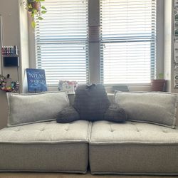 Grey Upholstered Fabric Modular Sectional, Bed Or Chairs. Low To The Ground - Comfortable Clean