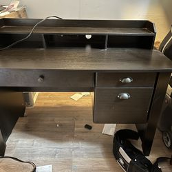 Wood Desk With Outlet And Tiered Storage