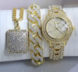 New 18 k yellow gold Cuban link chain, bracelet and watch