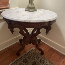 Antique Hardwood Table With Marble Top