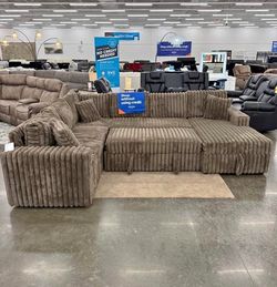 NEW IN  BOX - Brown Sectional With USB Charging Ports & Pull-Out Bed & STORAGE CHAISE** Finance $39